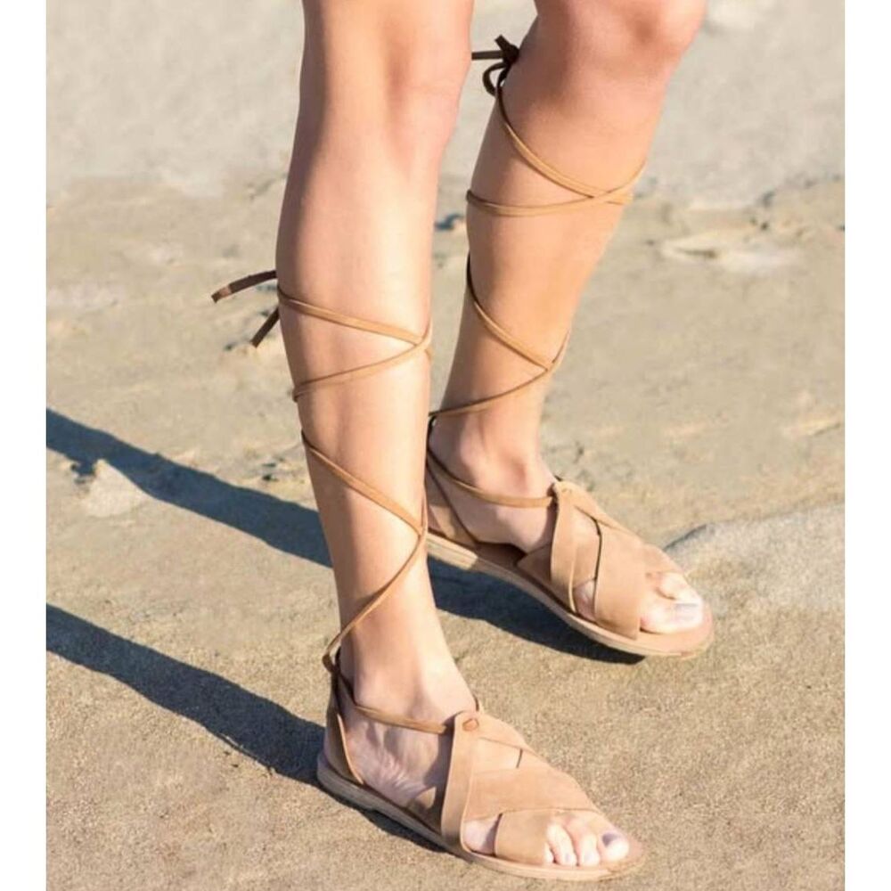 NEW Kyma Sandals Women's 7 Tan Neutral Karpathos Lace Up Tie Leather Gladiator